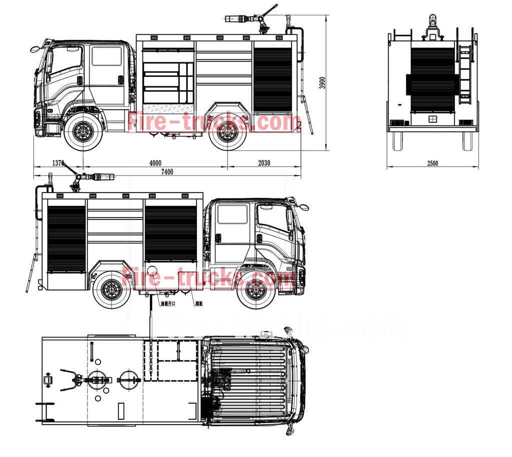 ISUZU 4x4 offroad single tire fire truck technical drawing